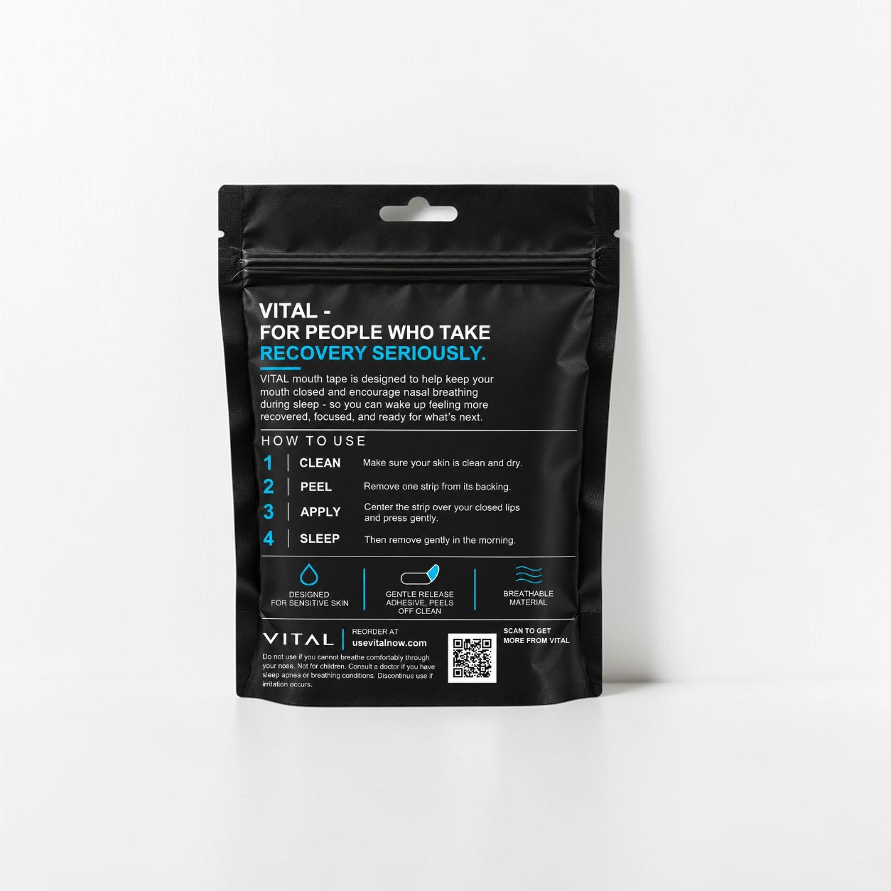 Complete back of the VITAL pouch with instructions and QR code