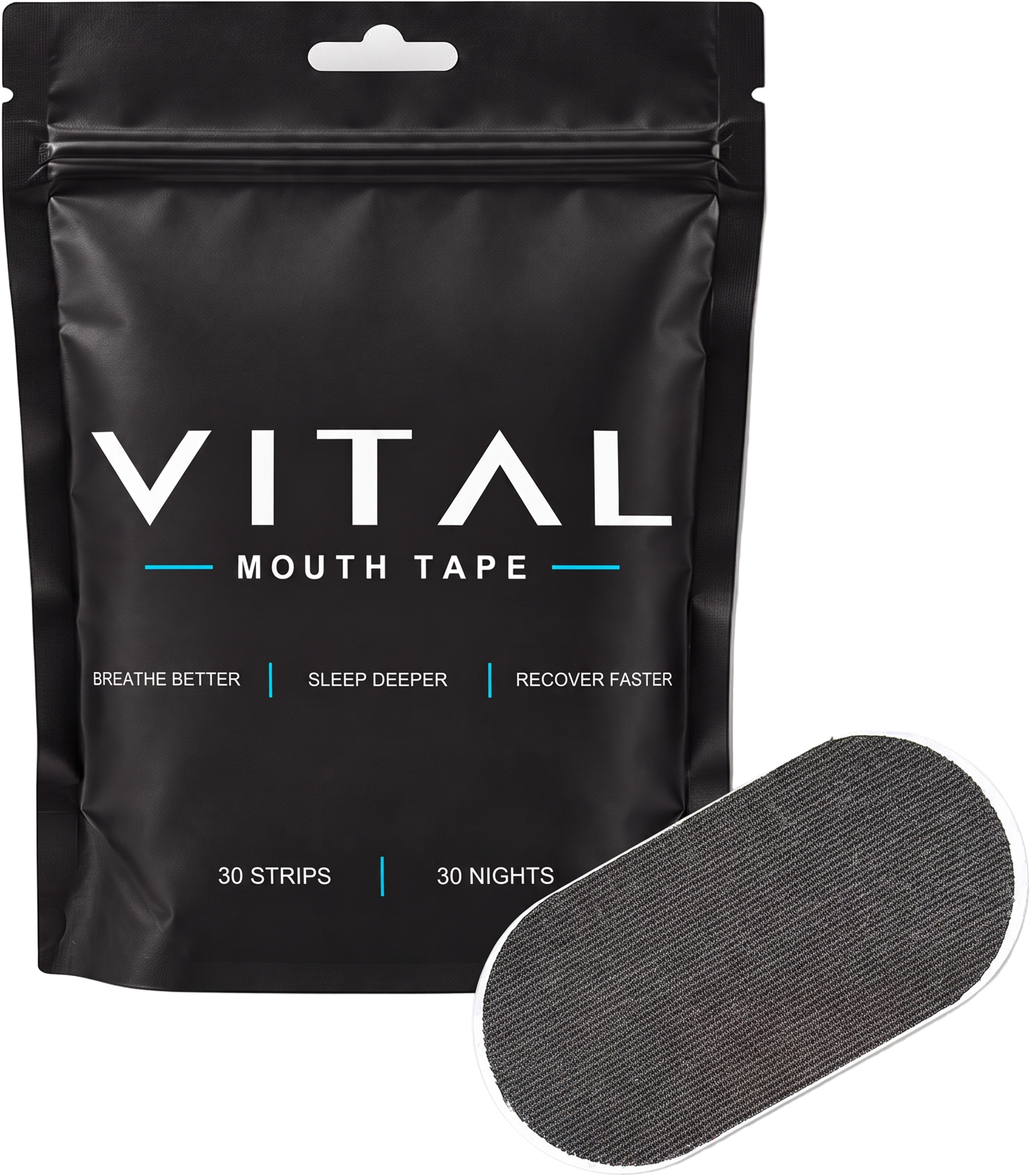 Matte-black VITAL pouch with an individual black mouth tape strip