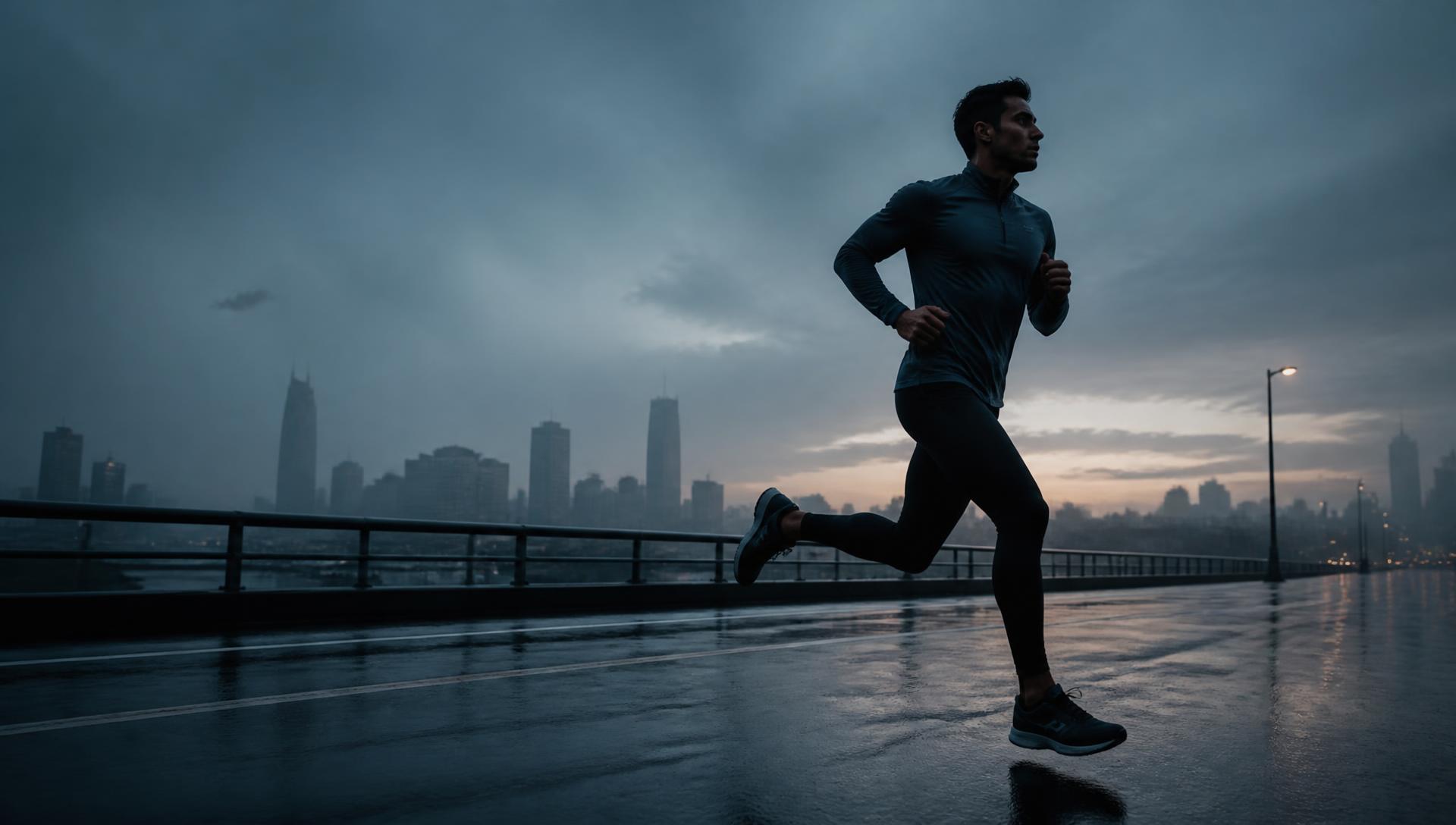 Runner on a wet city road at dawn
